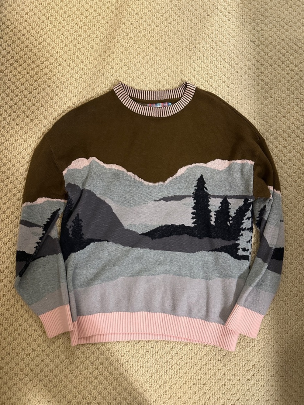 Urban Outfitters Mountain Scenic Crewneck Sweater in Olive, Gray & Pink